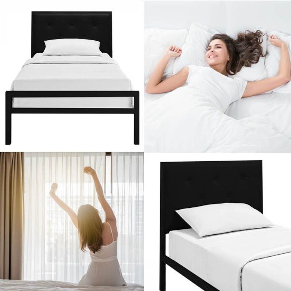 Hanna fém ágykeret, fekete, 90×200 cm, dekoratív fej- és lábtámlával, fém ágyráccsal, 150 kg teherbírás, stabil és elegáns kivitel