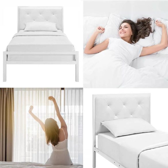 Hanna fém ágykeret, fehér, 90×200 cm, dekoratív fej- és lábtámlával, fém ágyráccsal, 150 kg teherbírás, stabil és elegáns kivitel
