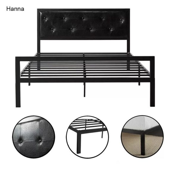 Hanna fém ágykeret, fekete, 160×200 cm, dekoratív fej- és lábtámlával, fém ágyráccsal, 300 kg teherbírás, masszív és elegáns kialakítás