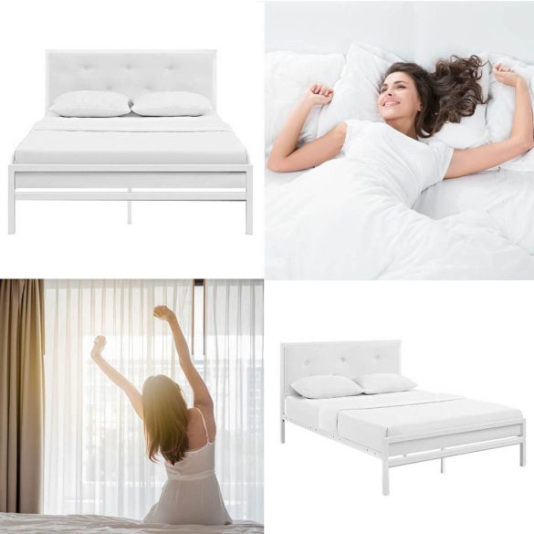 Hanna fém ágykeret, fehér, 160×200 cm, dekoratív fej- és lábtámlával, fém ágyráccsal, 300 kg teherbírás, masszív és elegáns kialakítás