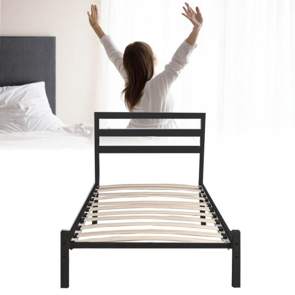 Bella fém ágykeret, fekete, 90×200 cm, fa ágyráccsal, dekoratív fej- és lábtámlával, 150 kg teherbírás, elegáns és stabil kivitel