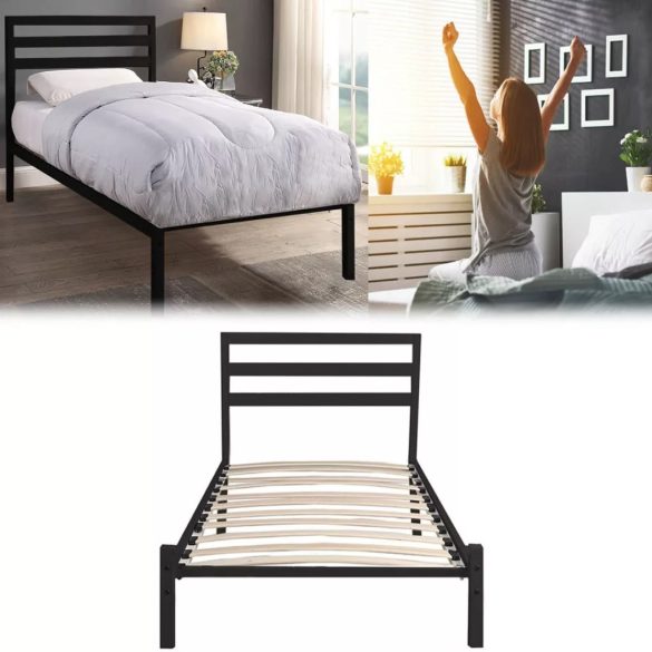 Bella fém ágykeret, fekete, 90×200 cm, fa ágyráccsal, dekoratív fej- és lábtámlával, 150 kg teherbírás, elegáns és stabil kivitel