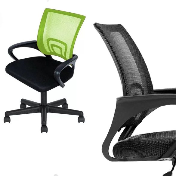 Karfás irodai forgószék, zöld, hálós háttámla, ergonomikus kialakítás, állítható magasság, 360°-os forgás, 100 kg teherbírás, műanyag és szivacs anyagból