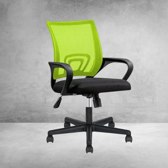 Karfás irodai forgószék, zöld, hálós háttámla, ergonomikus kialakítás, állítható magasság, 360°-os forgás, 100 kg teherbírás, műanyag és szivacs anyagból