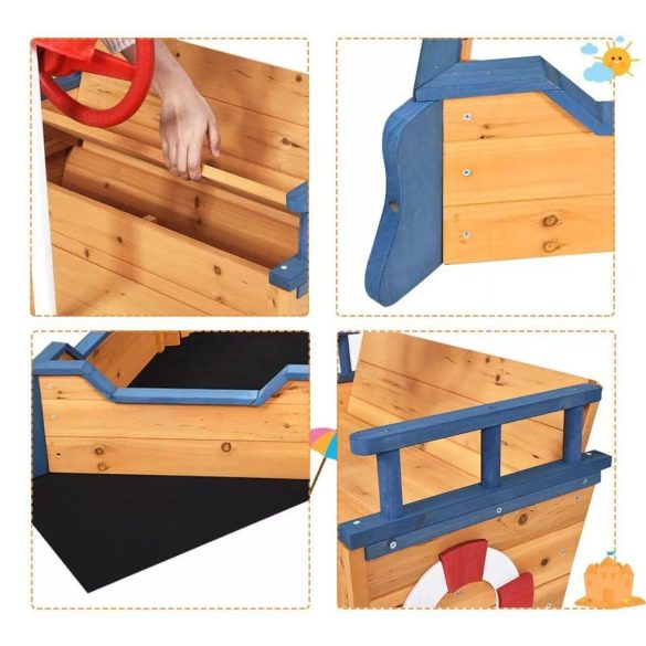 Kalózhajó formájú homokozó, 94 × 187 cm, barna, fenyőfa és műanyag kivitelben, kormánykerékkel és zászlóval