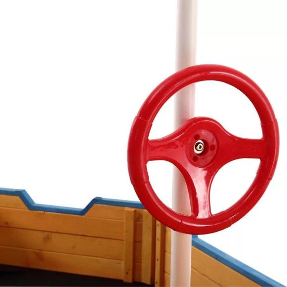 Kalózhajó formájú homokozó, 94 × 187 cm, barna, fenyőfa és műanyag kivitelben, kormánykerékkel és zászlóval