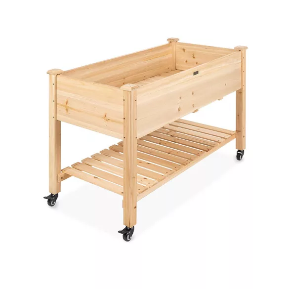 Fa virágláda, 114 × 52 × 81 cm, guruló, kezeletlen fenyő, geotextil béléssel és alsó rácsos tárolóval, palántázó