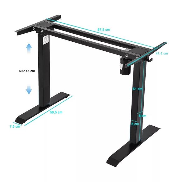 Elektronikusan állítható íróasztal láb, fém, 69–115 cm magasság, 80 kg teherbírás, vezérlőegységgel és memóriával