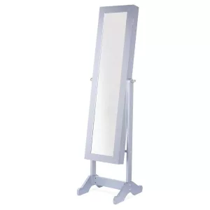 Tükrös ékszertartó szekrény, 156×41×37 cm, fehér, LED világítással és zárható ajtóval