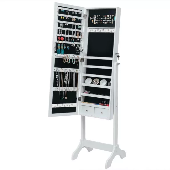 Tükrös ékszertartó szekrény, 156×41×37 cm, fehér, LED világítással és zárható ajtóval