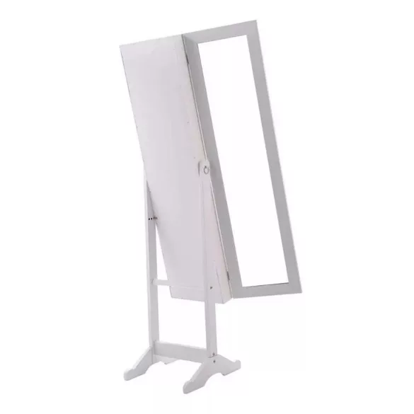 Tükrös ékszertartó szekrény, 156×41×37 cm, fehér, LED világítással és zárható ajtóval