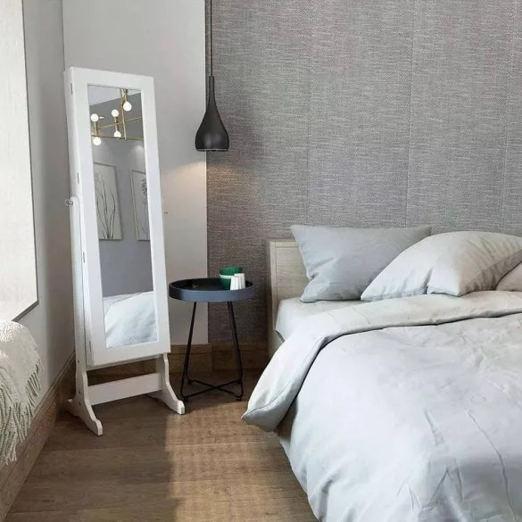 Tükrös ékszertartó szekrény, 156×41×37 cm, fehér, LED világítással és zárható ajtóval