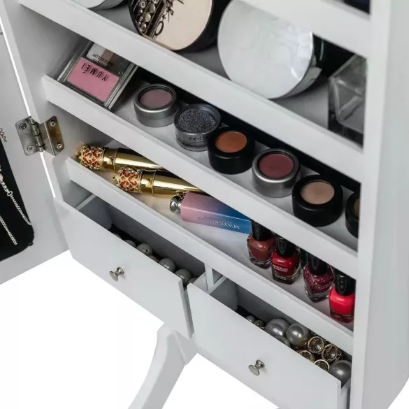 Tükrös ékszertartó szekrény, 156×41×37 cm, fehér, LED világítással és zárható ajtóval