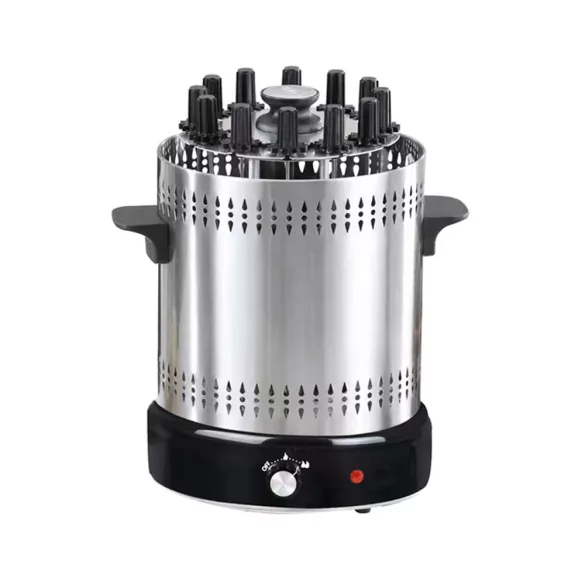 Függőleges grill, 24 × 37 × 24 cm, elektromos, 1200 W, 12 db rozsdamentes acél nyárs, 360°-ban forgó, zsiradékgyűjtős, könnyen tisztítható