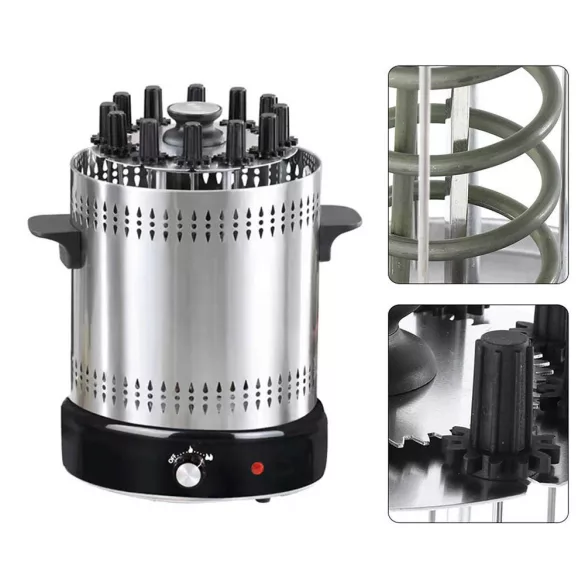 Függőleges grill, 24 × 37 × 24 cm, elektromos, 1200 W, 12 db rozsdamentes acél nyárs, 360°-ban forgó, zsiradékgyűjtős, könnyen tisztítható