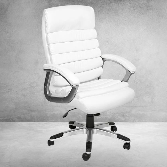 Prémium főnöki forgószék, ergonomikus típus, 49 × 52 cm, fehér, szintetikus bőr kárpitozás, állítható magasság, dönthető háttámla, fém vázas, görgős
