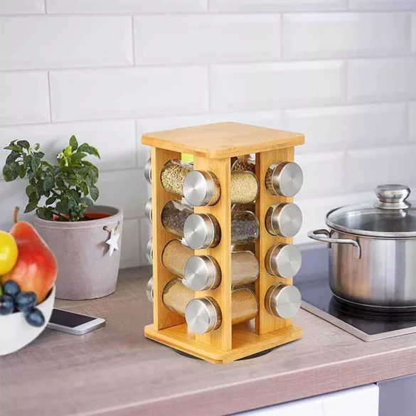 Fűszertartó állvány, bambusz, 16 db-os, 16 × 27 × 16 cm, natúr, forgatható üvegtartó kivitel
