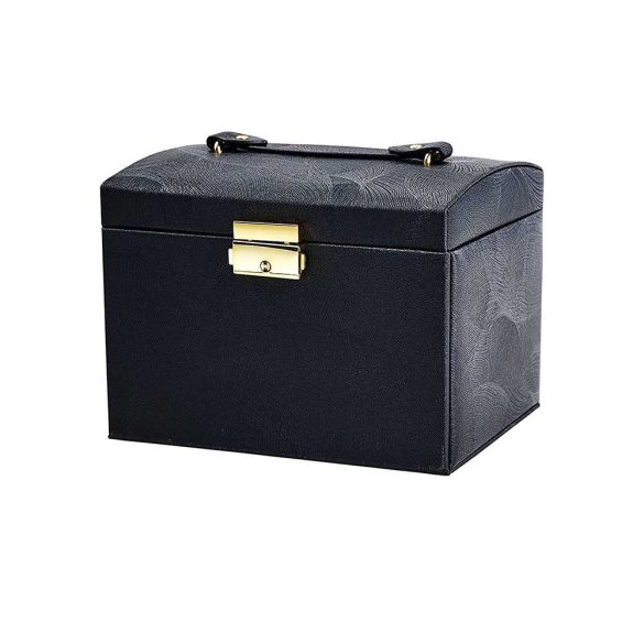 Ékszertartó táska, fiókos, 18 × 13 × 14 cm, fekete, tükörrel és kulccsal zárható hordozható kivitel