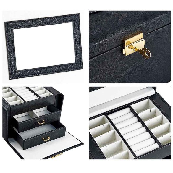 Ékszertartó táska, fiókos, 18 × 13 × 14 cm, fekete, tükörrel és kulccsal zárható hordozható kivitel