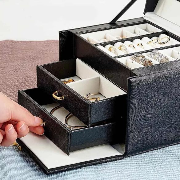 Ékszertartó táska, fiókos, 18 × 13 × 14 cm, fekete, tükörrel és kulccsal zárható hordozható kivitel