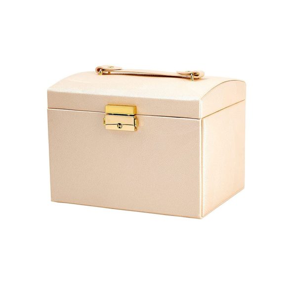 Ékszertartó táska, fiókos, 18 × 13 × 14 cm, pezsgőszín, tükörrel és kulccsal zárható hordozható kivitel