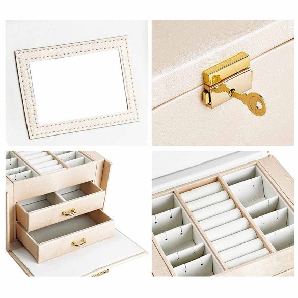 Ékszertartó táska, fiókos, 18 × 13 × 14 cm, pezsgőszín, tükörrel és kulccsal zárható hordozható kivitel