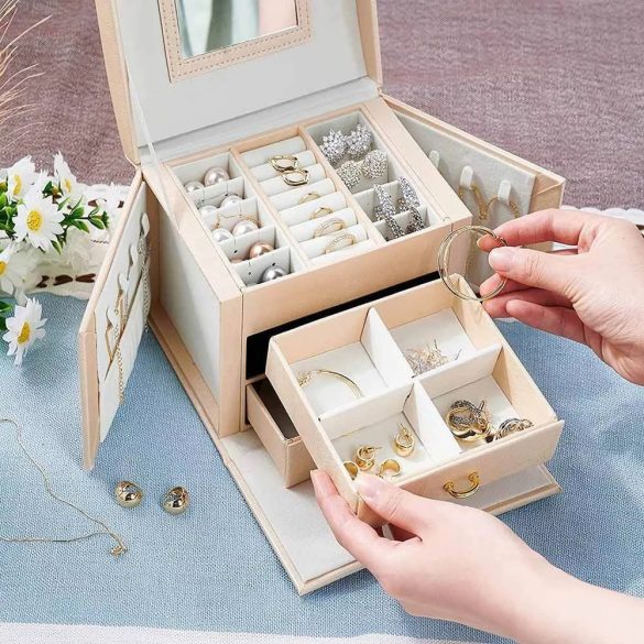 Ékszertartó táska, fiókos, 18 × 13 × 14 cm, pezsgőszín, tükörrel és kulccsal zárható hordozható kivitel