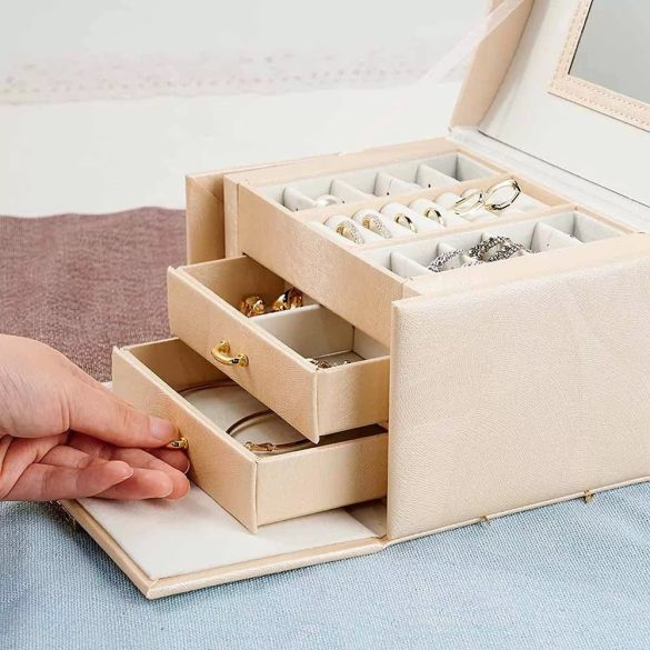 Ékszertartó táska, fiókos, 18 × 13 × 14 cm, pezsgőszín, tükörrel és kulccsal zárható hordozható kivitel