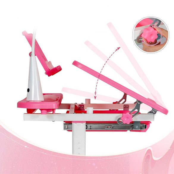 Gyerek íróasztal, állítható magasságú, 69,5 × 39 cm, rózsaszín, dönthető asztallappal, LED lámpával és könyvtartóval