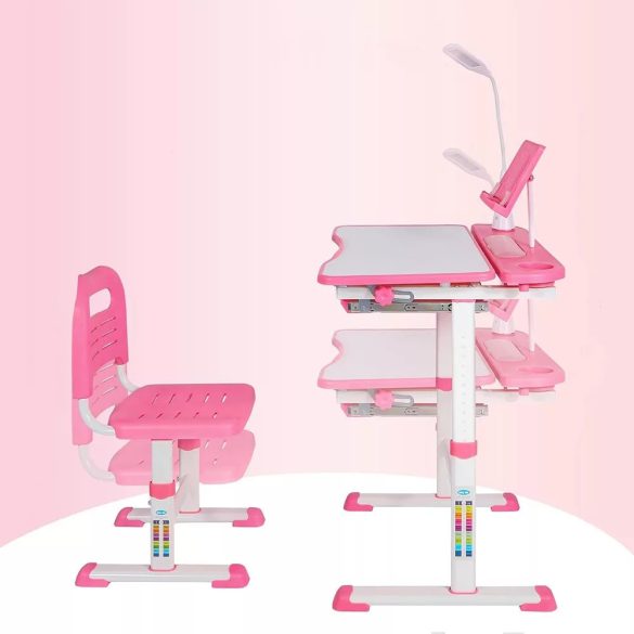 Gyerek íróasztal, állítható magasságú, 69,5 × 39 cm, rózsaszín, dönthető asztallappal, LED lámpával és könyvtartóval