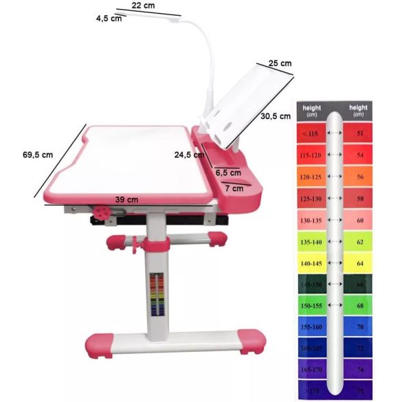 Állítható magasságú, többfunkciós, gyerek íróasztal, rózsaszín