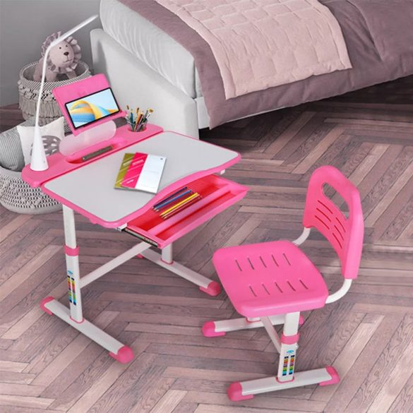 Gyerek íróasztal, állítható magasságú, 69,5 × 39 cm, rózsaszín, dönthető asztallappal, LED lámpával és könyvtartóval
