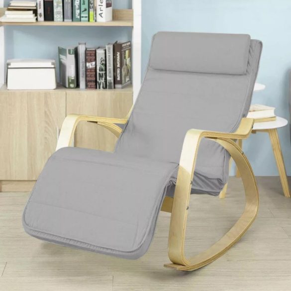 Hintaszék, szürke, nyírfából készült vázzal, állítható lábtartóval, fejpárnával, 150 kg teherbírás, párnázott ülőfelülettel