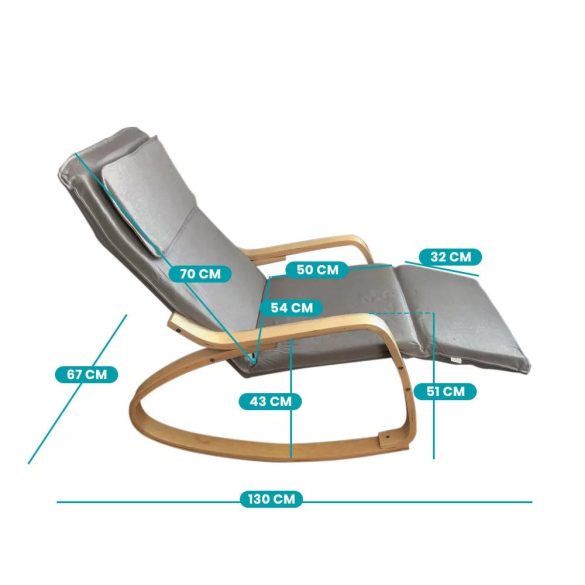 Hintaszék, szürke, nyírfából készült vázzal, állítható lábtartóval, fejpárnával, 150 kg teherbírás, párnázott ülőfelülettel