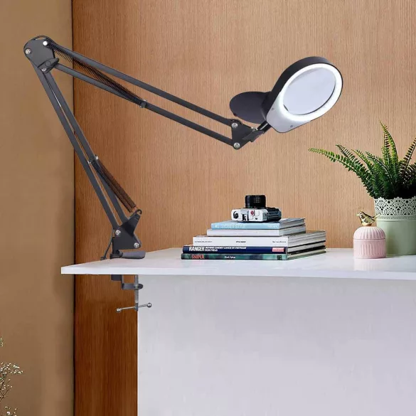 Asztali nagyító lámpa, Poolx, 10 cm, fehér, 2 lencsés, 3x/10x nagyítás, LED-es, teleszkópos kar, állítható fényerő, USB tápellátás