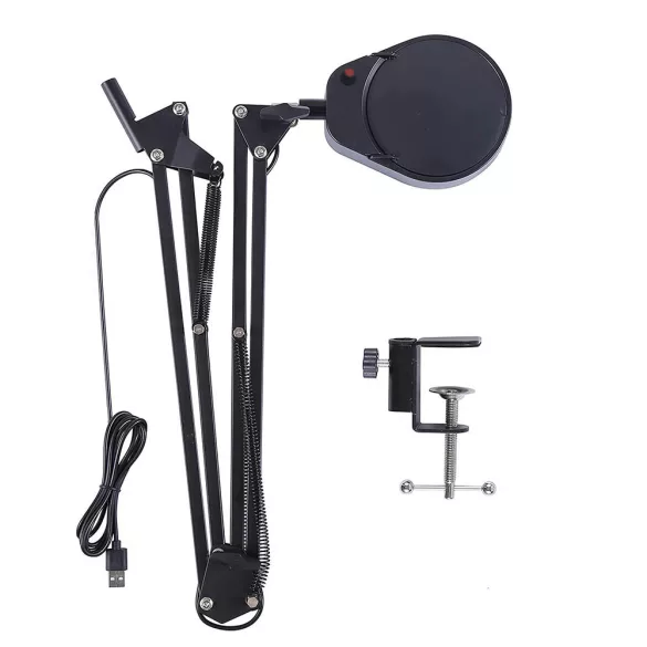 Asztali nagyító lámpa, Poolx, 10 cm, fehér, 2 lencsés, 3x/10x nagyítás, LED-es, teleszkópos kar, állítható fényerő, USB tápellátás