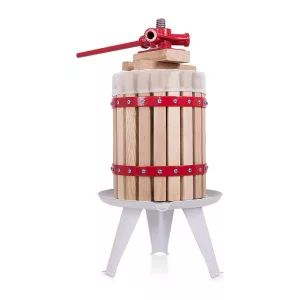 Gyümölcsprés, 6 l, orsós kézi kivitel, bükkfa és fém, szűrőhálós tartály, könnyen tisztítható, kompakt