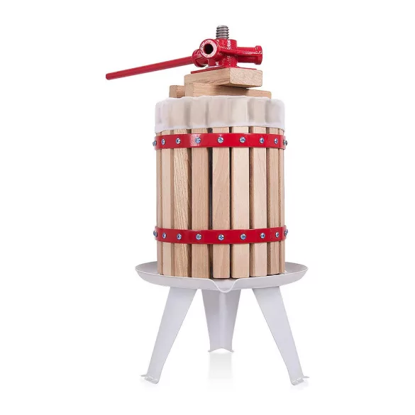 Gyümölcsprés, 6 l, orsós kézi kivitel, bükkfa és fém, szűrőhálós tartály, könnyen tisztítható, kompakt
