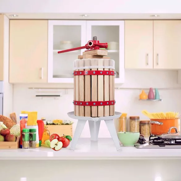 Gyümölcsprés, 6 l, orsós kézi kivitel, bükkfa és fém, szűrőhálós tartály, könnyen tisztítható, kompakt