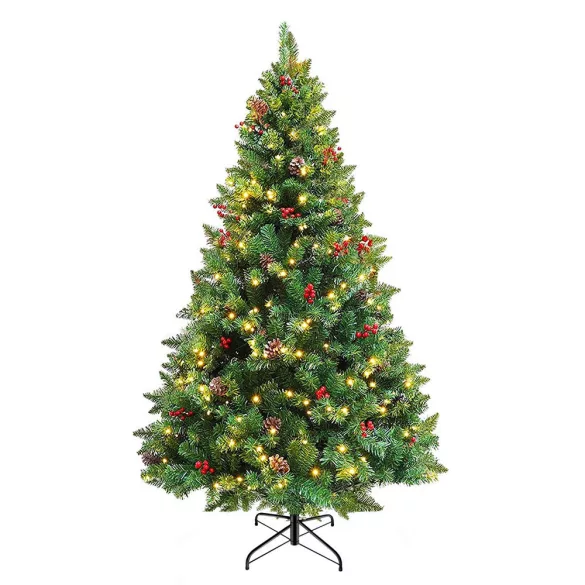 Nordmann King LED-es műfenyő, 210 cm, zöld, 1000 ág, 320 melegfehér LED-del, 128 cm alsó átmérő, fém talppal, beltéri használatra