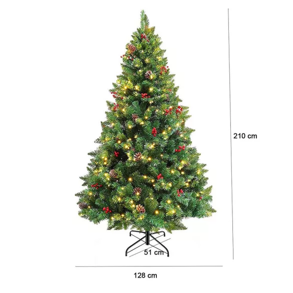 Nordmann King LED-es műfenyő, 210 cm, zöld, 1000 ág, 320 melegfehér LED-del, 128 cm alsó átmérő, fém talppal, beltéri használatra
