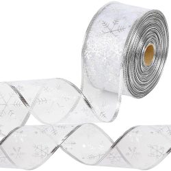   250 LED-es karácsonyi szalag, 25 m, ezüst, melegfehér fényű, hópehely mintás, 6 cm széles, hálózati