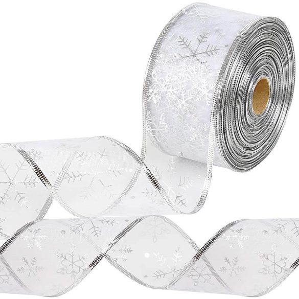 250 LED-es karácsonyi szalag, 25 m, ezüst, melegfehér fényű, hópehely mintás, 6 cm széles, hálózati