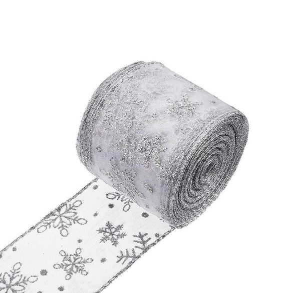 250 LED-es karácsonyi szalag, 25 m, ezüst, melegfehér fényű, hópehely mintás, 6 cm széles, hálózati