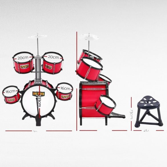 Játék dobszett, bordó színű, székkel, több dobmérettel, 3 éves kortól ajánlott, fejleszti a ritmusérzéket és a koordinációt