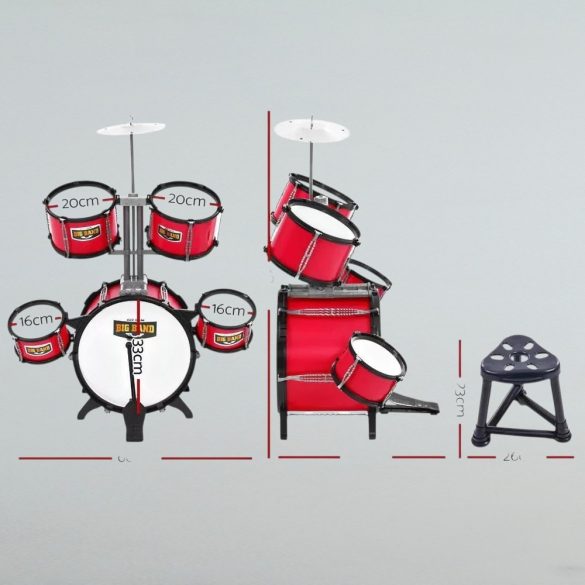 Játék dobszett, bordó színű, székkel, több dobmérettel, 3 éves kortól ajánlott, fejleszti a ritmusérzéket és a koordinációt