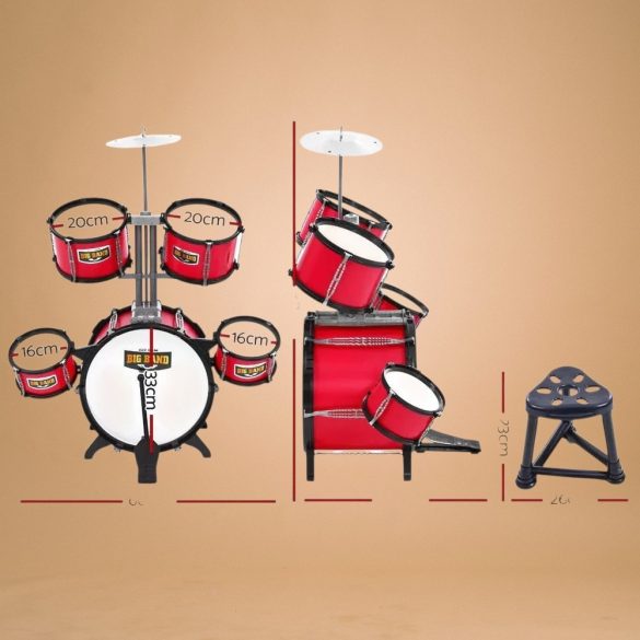 Játék dobszett, bordó színű, székkel, több dobmérettel, 3 éves kortól ajánlott, fejleszti a ritmusérzéket és a koordinációt