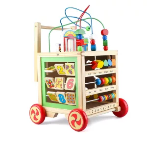 Multifunkciós fa járássegítő, 46,5 cm, fa, készségfejlesztő játékokkal, stabil szerkezet