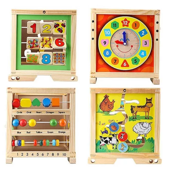 Multifunkciós fa járássegítő, 46,5 cm, fa, készségfejlesztő játékokkal, stabil szerkezet