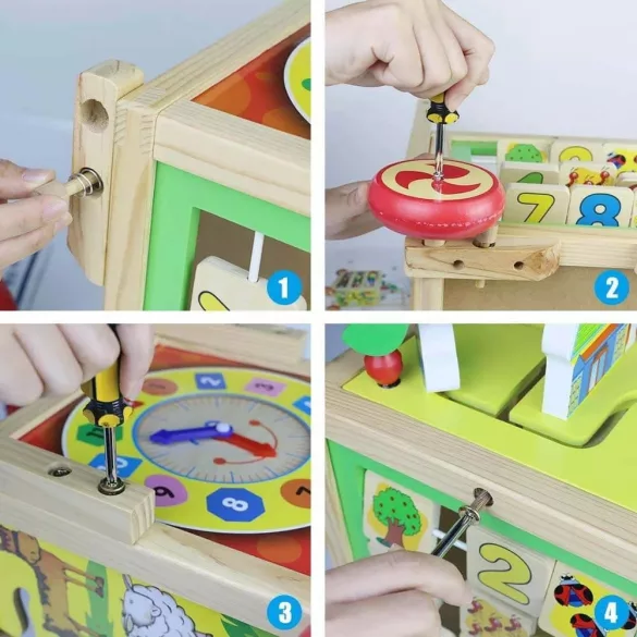 Multifunkciós fa járássegítő, 46,5 cm, fa, készségfejlesztő játékokkal, stabil szerkezet